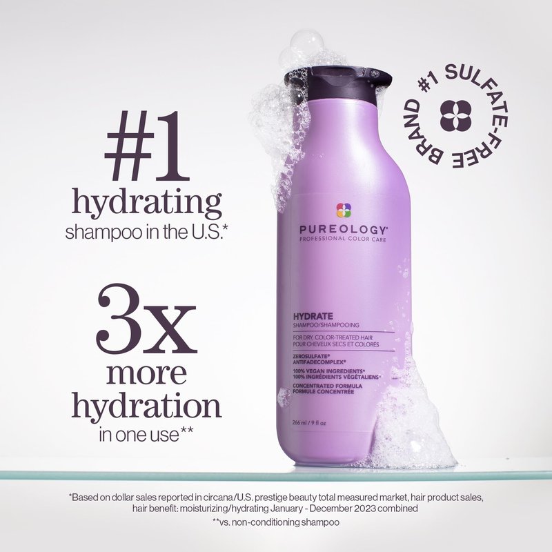 Pureology Hydrate Shampoo - For Dry or Color Treated Hair, Moisturizing Shampoo For Hydration & Softness, With Rose Extract & Green Tea, Vegan & Sulfate-Free, 33.8 Fl Oz