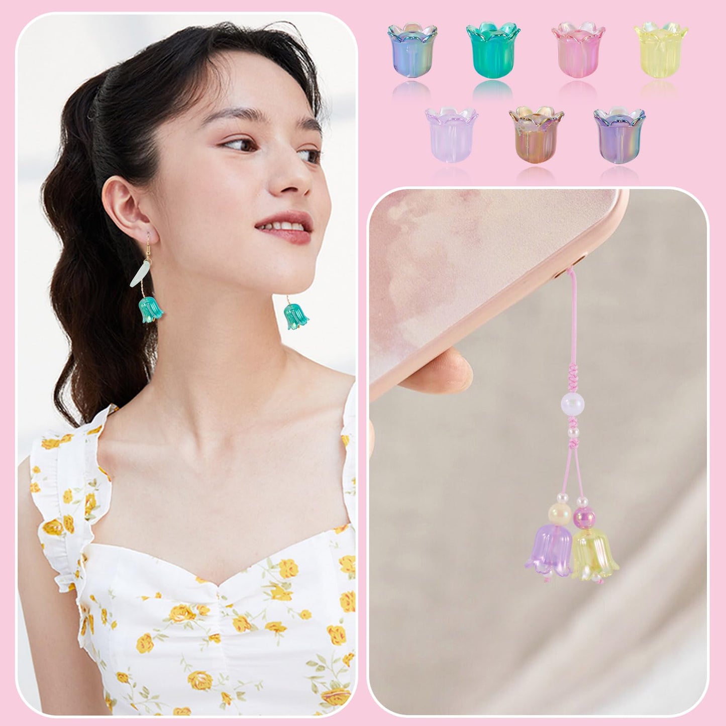 FASHEWELRY 50Pcs Acrylic Flower Beads Caps, Iridescent Colorful Transparent Lily Tulip Flower Bell Beads for DIY Tassel Earring Wind Chimes Craft Jewelry Making