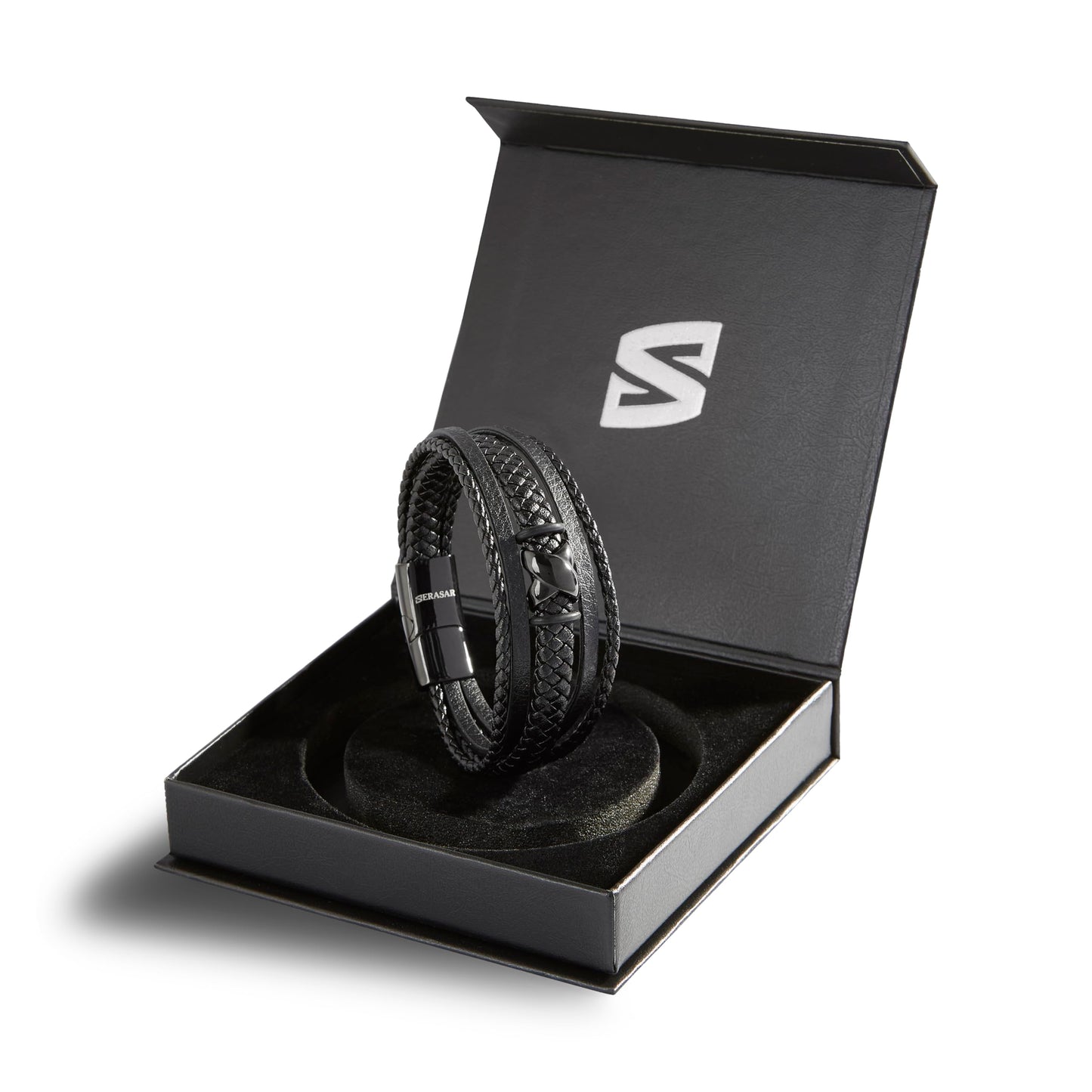 SERASAR Black Bracelet Leather Men 17cm Gift Box Genuine Cowhide Braided Adjust Able Magnetic Clasp Multi Layer Wrap Rope Man Mans Male Mens Bracelets Band Jewelry Magnet Accessories