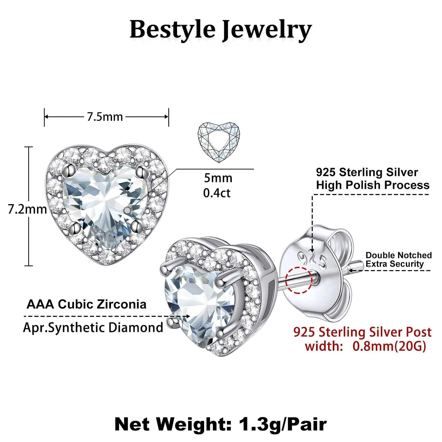 Bestyle 925 Sterling Silver Heart Cut Birthstone Stud Earrings for Women, April White Diamond Stud Earrings with Love and Purity, Best Women Earrings for Everyday Wear