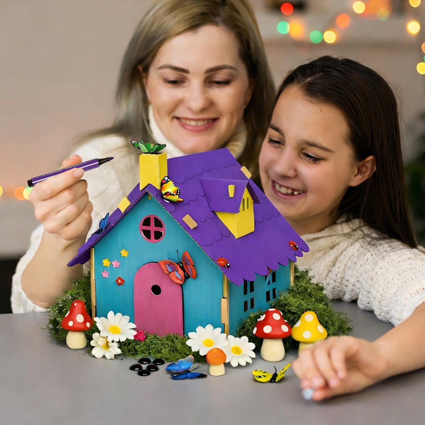 Cinrobiye 6 Pcs Fairy House Craft Kit DIY Miniature Fairy Garden with Coloring Pens Butterfly Flowers Accessories Creative Fairy Dollhouse for Arts & Crafts, Spring Party, Birthday, Easter DIY Gifts
