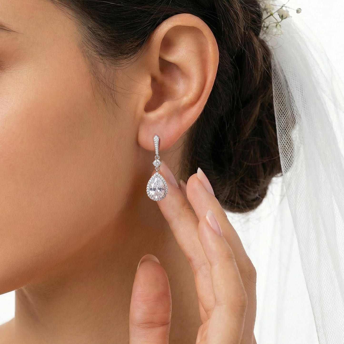 SWEETV Cubic Zirconia Dangle Earrings for Women, Teardrop Bridal Earrings for Wedding, Brides, Bridesmaids, Pear Shaped Drop Earrings for Women Prom Formal Party, Silver-Style4