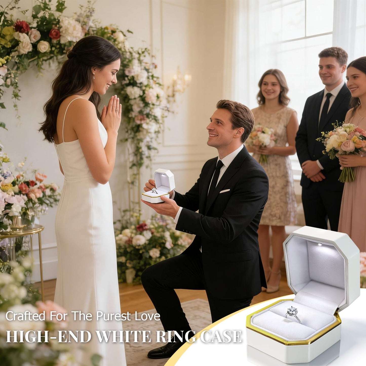 HONGYEXGCN LED Ring Box for Proposal Engagement Wedding Prepared for Gifts, Luxury Ring Box The Best Gits are for the People Who Matter Most to You,Square Velvet Case Jewelry Gift Box (Pure - white)