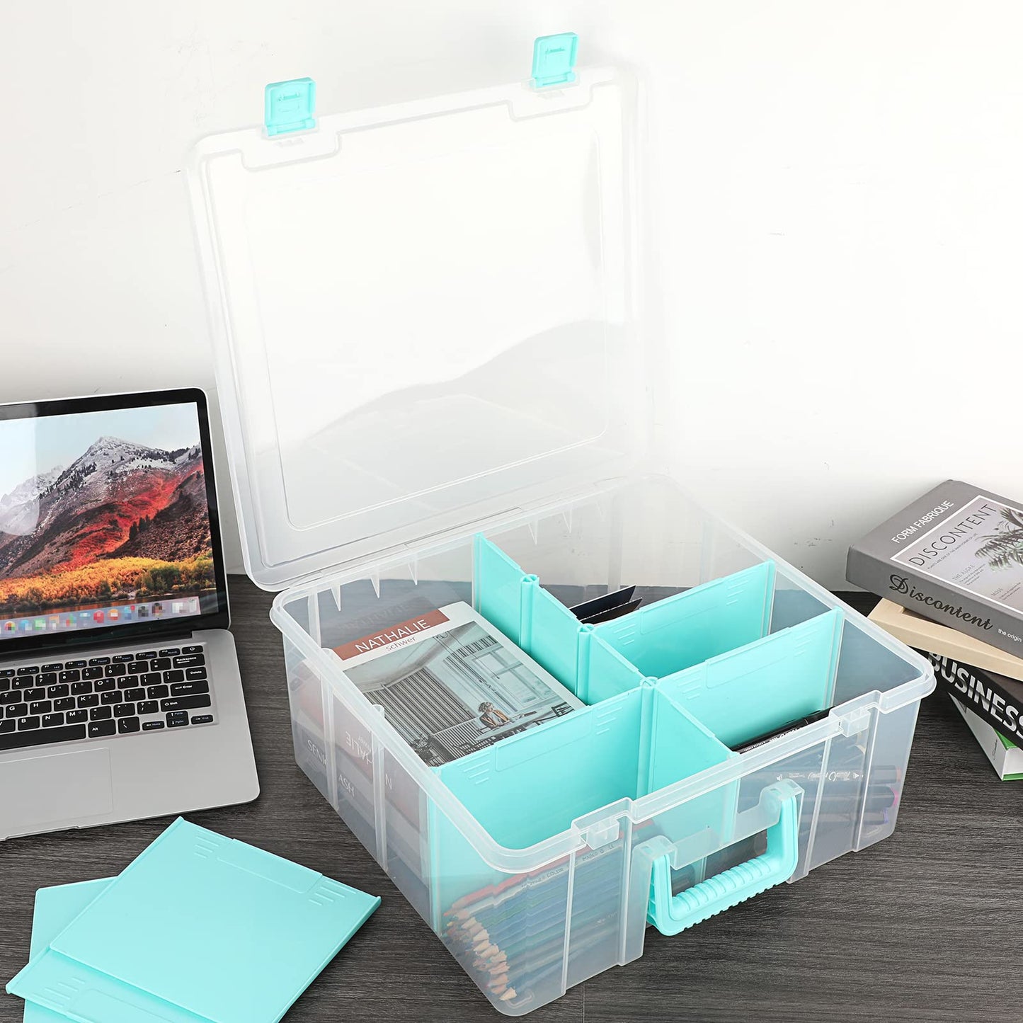 BTSKY Clear Plastic Dividing Storage Box with 8 Deep Compartments Adjustable Storage Bin with Lid Portable Craft Storage Container Multipurpose Sewing Box Art Supply Organizer, 15.1x13.9x6.1 Inches