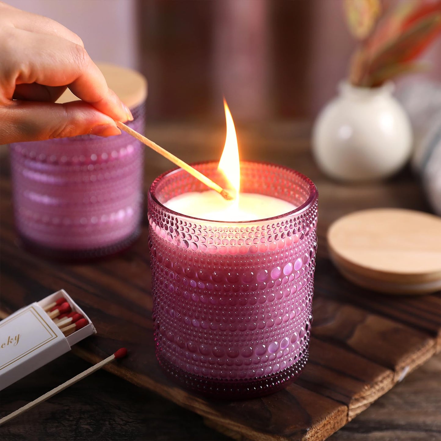 DARJEN 12 Pack Purple Candle Jars - 8 OZ Empty Glass Containers With Bamboo Lids and Labels for Making Candles, DIY Home Supplies
