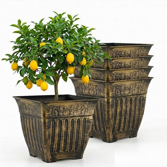 14 Inch Vintage Square Planter - 4 Pack Heavy Duty Antique Gold Plastic Flower Pot with Drainage & Raised Base, Retro Distressed Style Plant Container for Outdoor Patio, Porch, Indoor (7 Gallon)