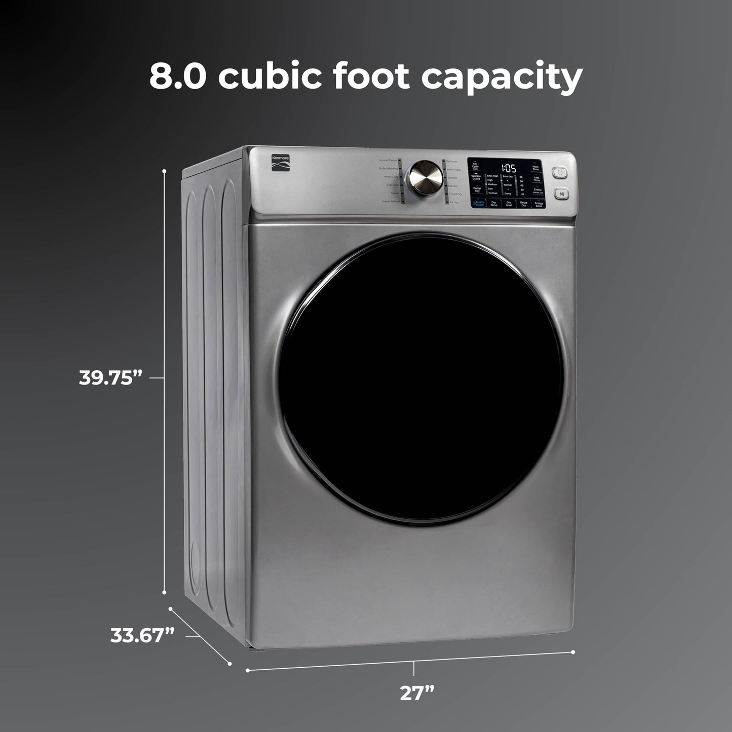 Kenmore 8.0 cu. ft. Front Load Electric Dryer with Wrinkle Guard & Accela Steam to Reduce Wrinkles, Static & Odors - Smart Sensor Drying - LED - ENERGY STAR Certified - Metallic Silver
