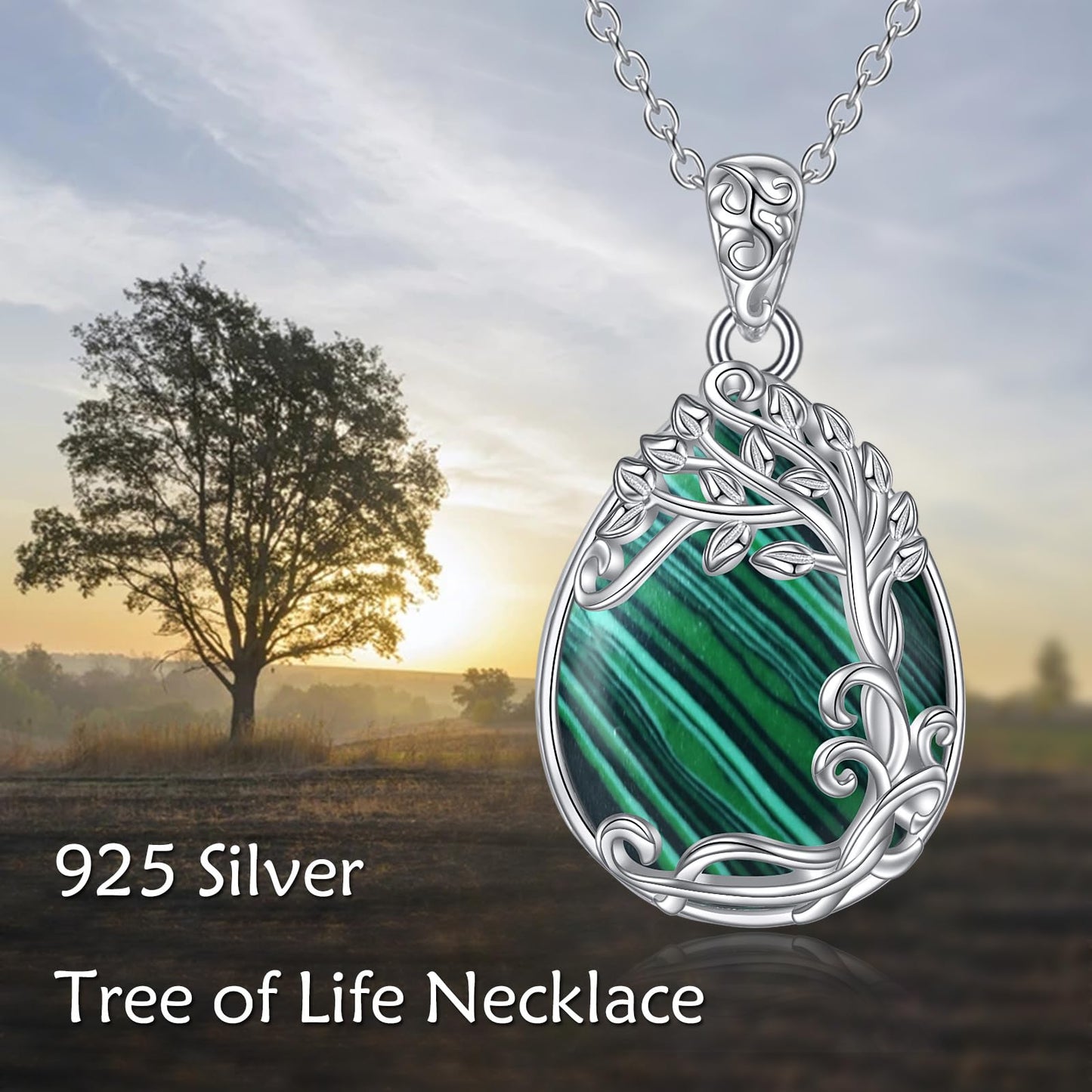 YAFEINI Malachite Necklace for Women 925 Sterling Silver Tree of Life Teardrop Pendant Necklace Jewelry Gift (RR-Tree of Life Malachite Necklace)