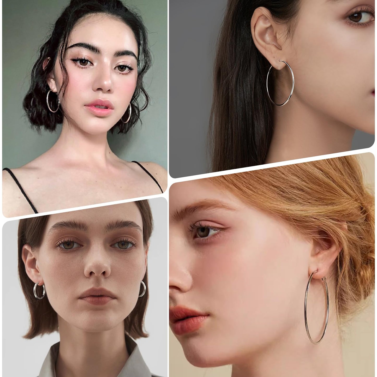 PICKBEAU 4 Pairs Silver Hoop Earrings for Women 14K White Gold Plated Lightweight Big Hoops Earring Set Hypoallergenic Trendy Jewelry Gift