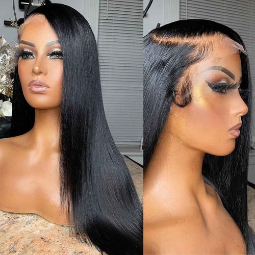 QTIKER Full Lace Human Hair Wigs Transparent Lace Silky Straight Whole Lace Cap Remy Hair Extension Pre Plucked Glueless Free Parting Wig (10inch, Straight)