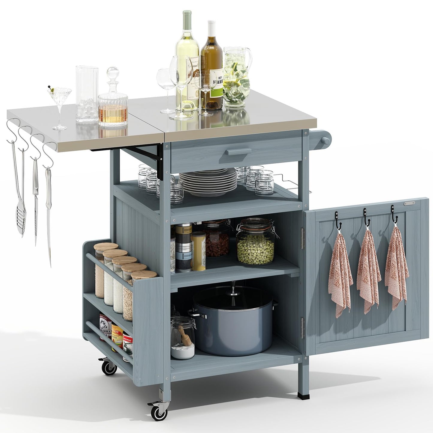 Zevemomo Outdoor Grill Cart with Drop Leaf, Stainless Steel Tabletop Outdoor Kitchen Island, Solid Wood Outdoor Buffet Cabinet with Drawer, Towel Rack, Lockable Wheels for Grilling, Gray-Blue