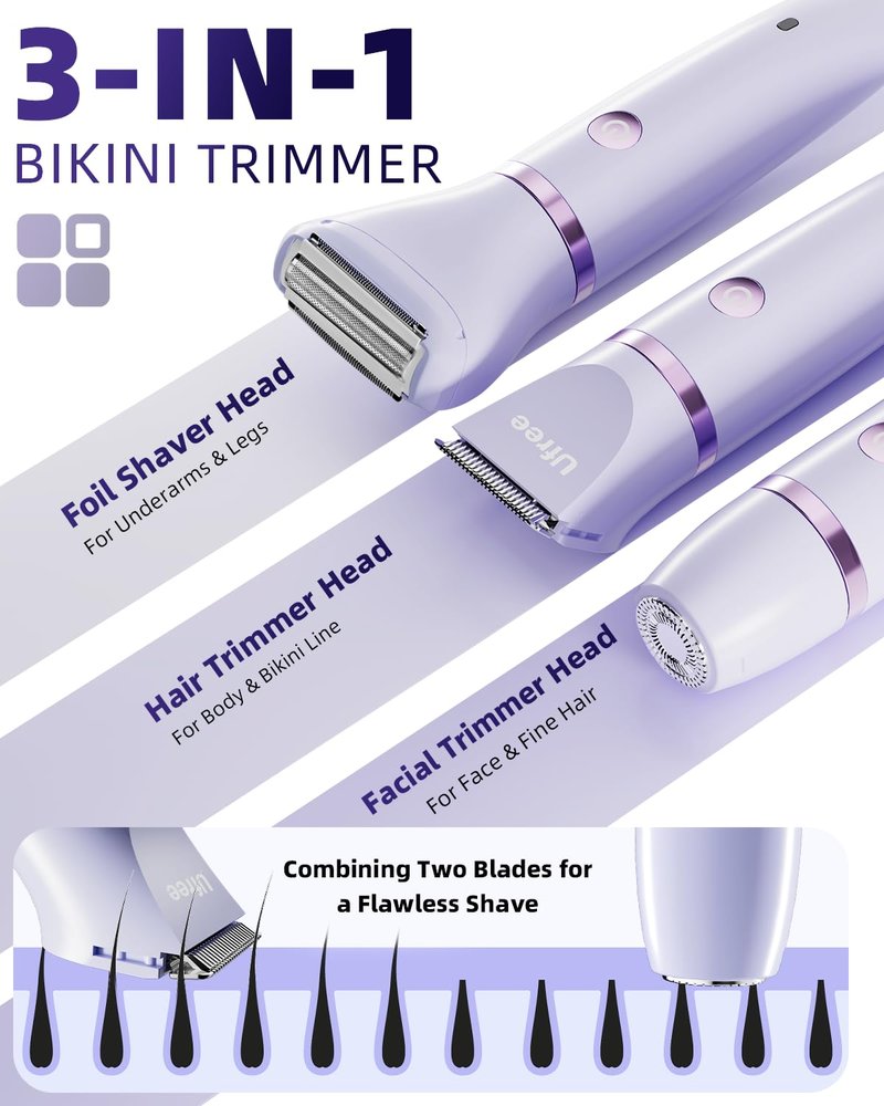 Ufree Bikini Trimmer Electric Razors for Women, Ceramic Blade Body Hair Trimmer, IPX7 Waterproof Rechargeable Lady Shaver, Personal Groomer for Legs & Pubic Hair, Gifts for Women, Purple