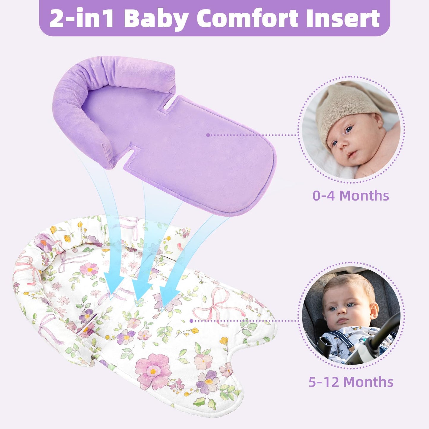 SWESEN Infant Car Seat Insert & Strap Covers, Car Seat Head Support for Baby Girls, 2 in 1 Soft Plush Car Seat Insert for Newborns, for Infants Aged 0-12, Purple Bow