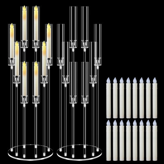 2 Sets 8 Arm Acrylic Candle Holder with Candles, Mjkeomo 38.5'' Tall Candelabra Centerpieces for Tables Clear Candlesticks Holder for Housewarming Gift Fireplace Dinner Halloween Christmas Decor