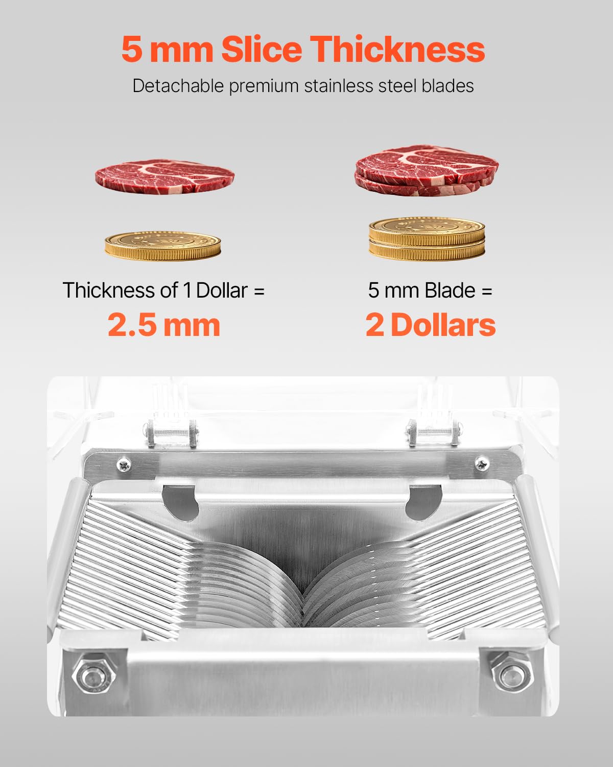 VEVOR 850W Meat Slicer, Commercial Meat Cutting Machine, Stainless Steel, 5 mm Thickness, Detachable Blades, Electric Food Slicer for Home Kitchen Restaurant Supermarket