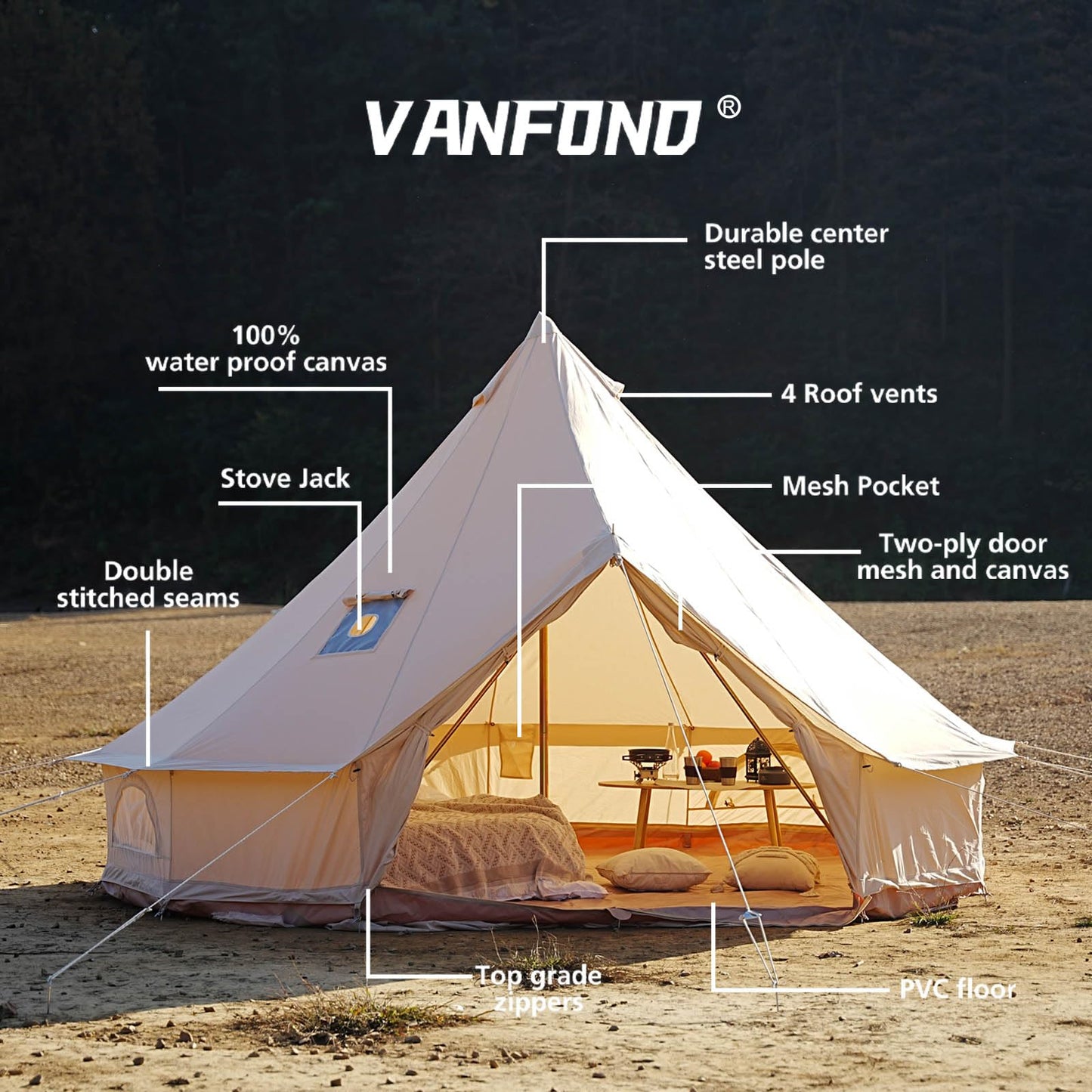 VANFOND Canvas Bell Tent, Yurt Tent with Stove Jack, Waterproof and Breathable Wall Tent, Glamping Tent, Detachable Groundsheet for Camping Party