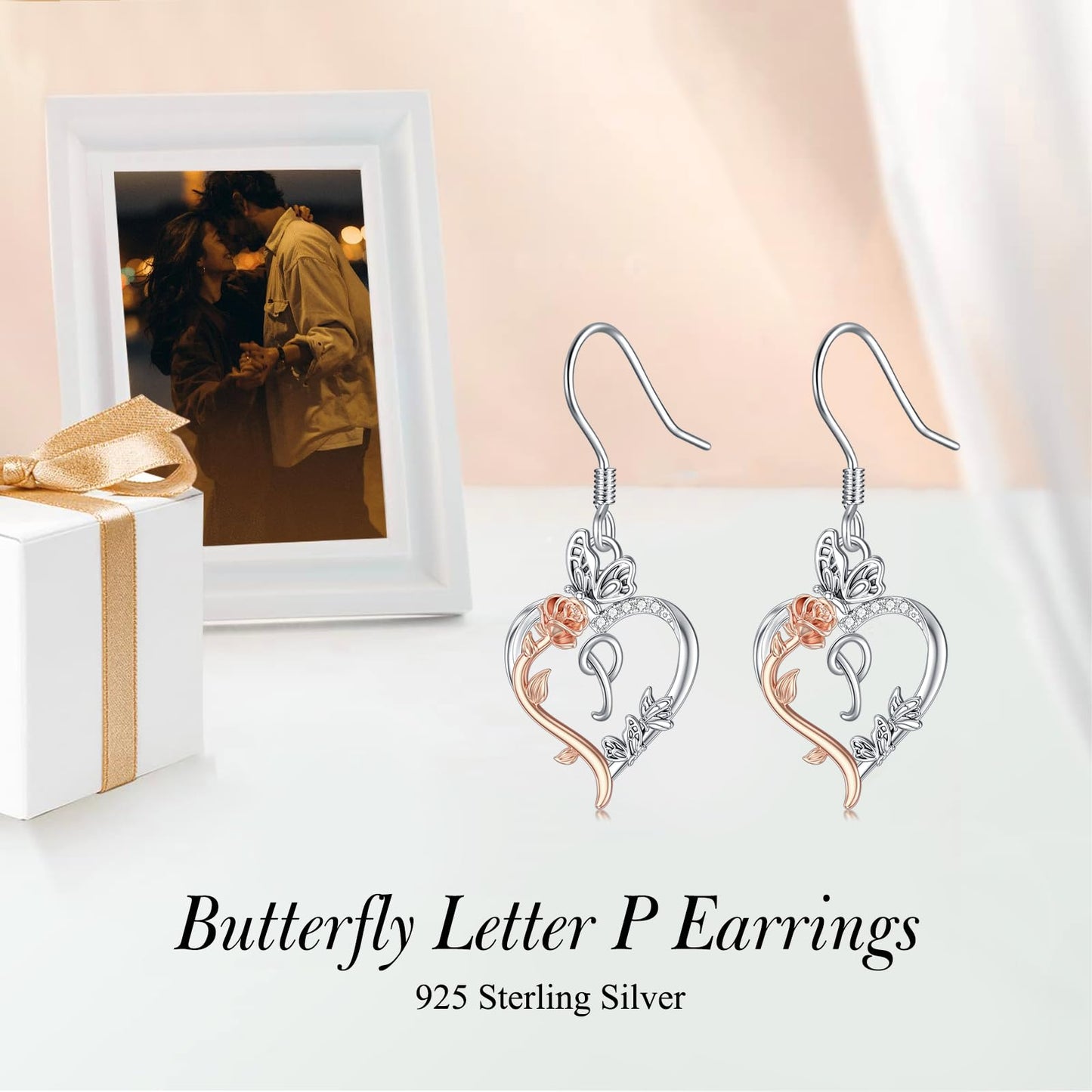 TOUPOP Rose Heart Initial Earrings Sterling Silver Butterfly Earring Initial P Letter Drop Dangle Earrings Jewelry Anniversary Birthday Mothers Day Gifts for Women Mom Wife Girlfriend Her
