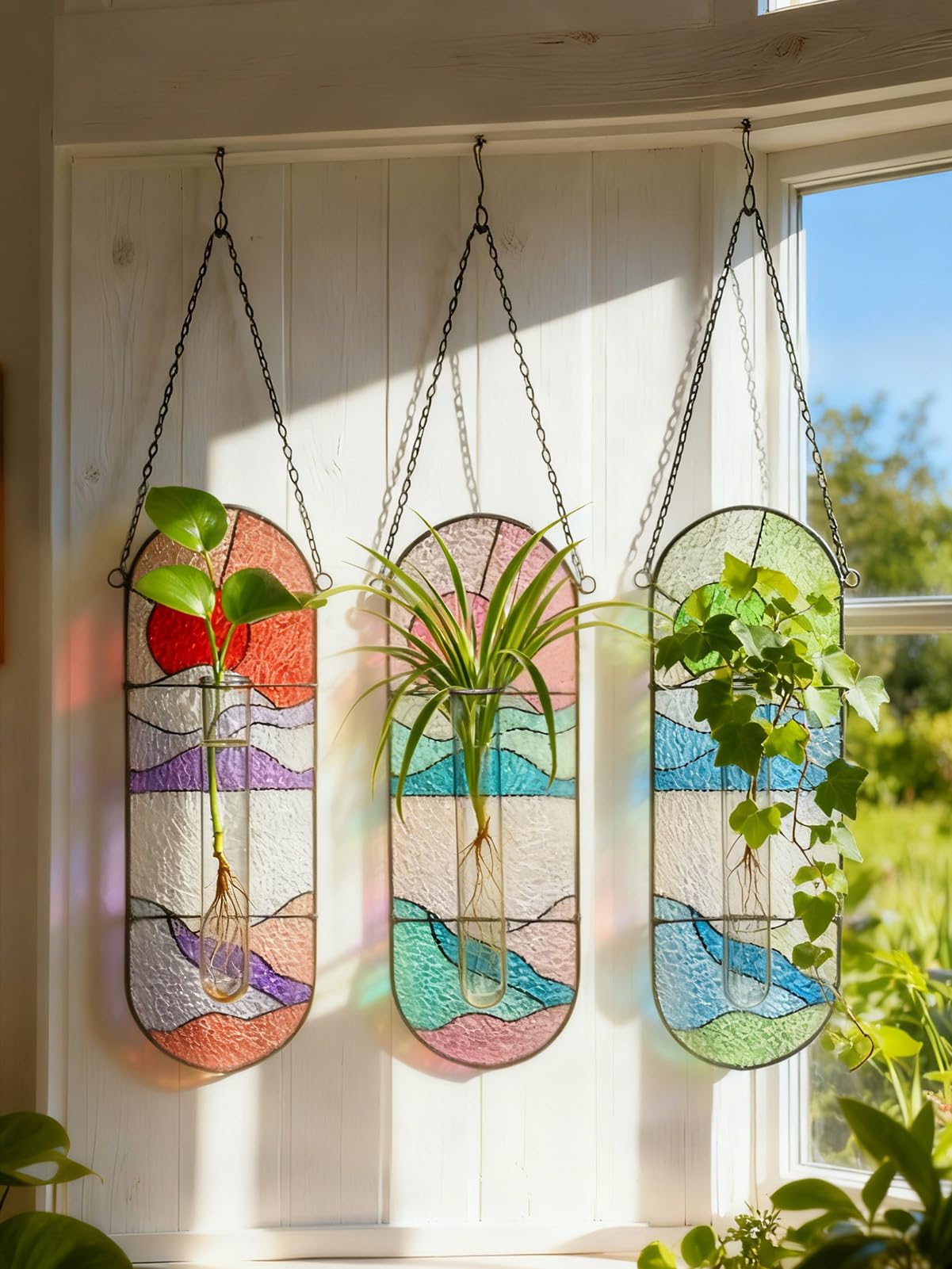 Stained Glass Plant Propagation Stations - Handmade Sunshine Catcher Hydroponic Planter Window Hanging with Glass Tubes, Terrarium Decor Gifts for Women Mom Plant Lovers, Pink