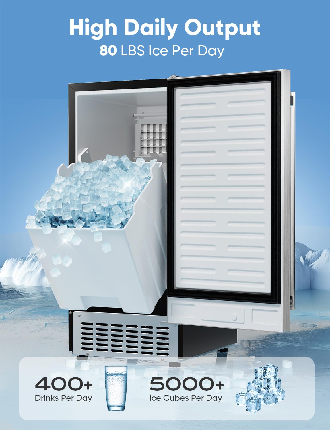 Coolski 15" W Commercial Under Counter Ice Maker Machine, 80 Lbs/Day, Bulit-in Freestanding Ice Machine, Self-Cleaning, Stainless Steel Ice Maker for Home Apartment & Commercial Use