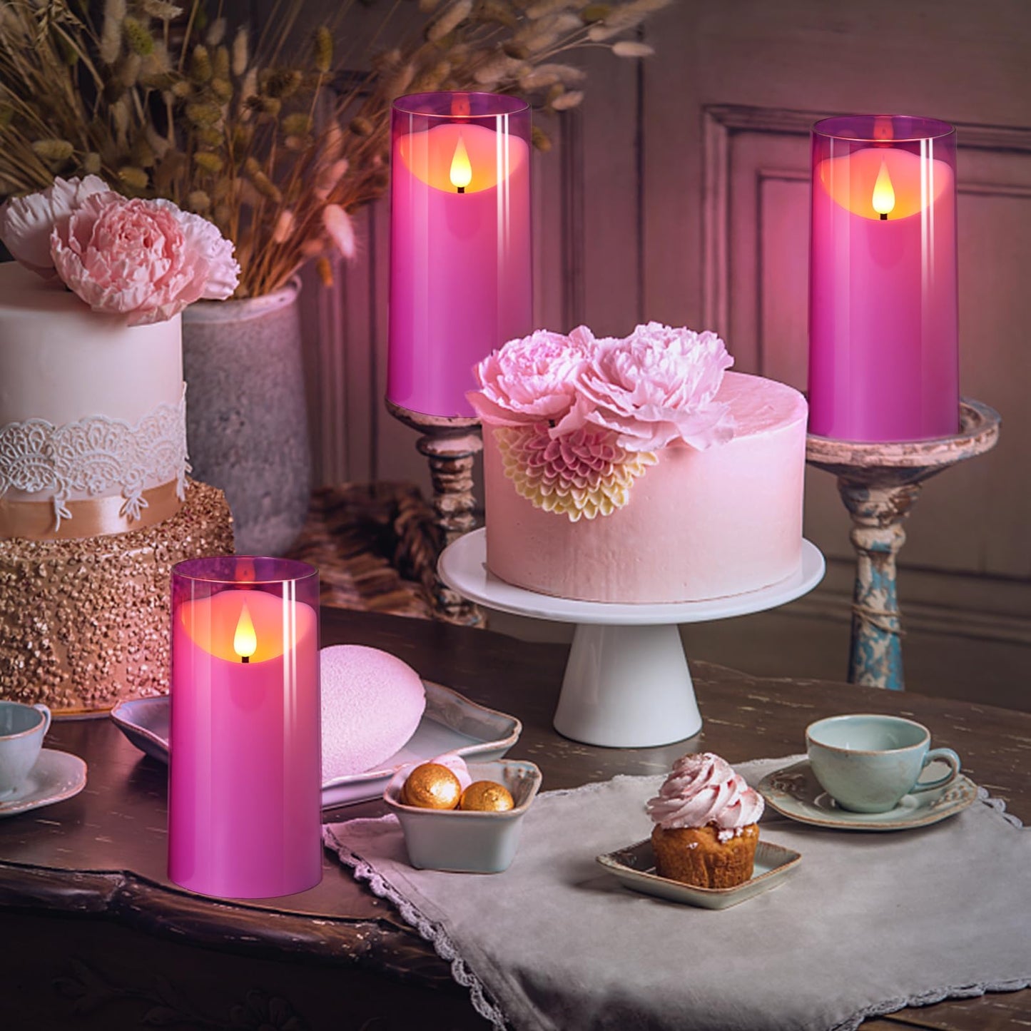 NURADA 3"x6""Flickering Flameless Candles: 3D Wick Unbreakable Acrylic Battery Operated LED Pillar Candles - Battery Candles with Remote and Timer for Table Wedding Centerpieces Party Decor Purple"