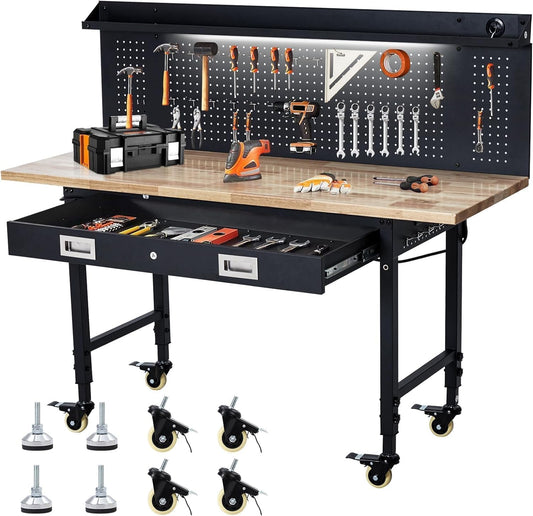 Adjustable Workbench for Garage, 48" Heavy Duty Rolling Work Bench with Power Outlet & Storage Drawer, 2000 LBS Capacity Solid Wood Top Shop Table for Workshop Home Office
