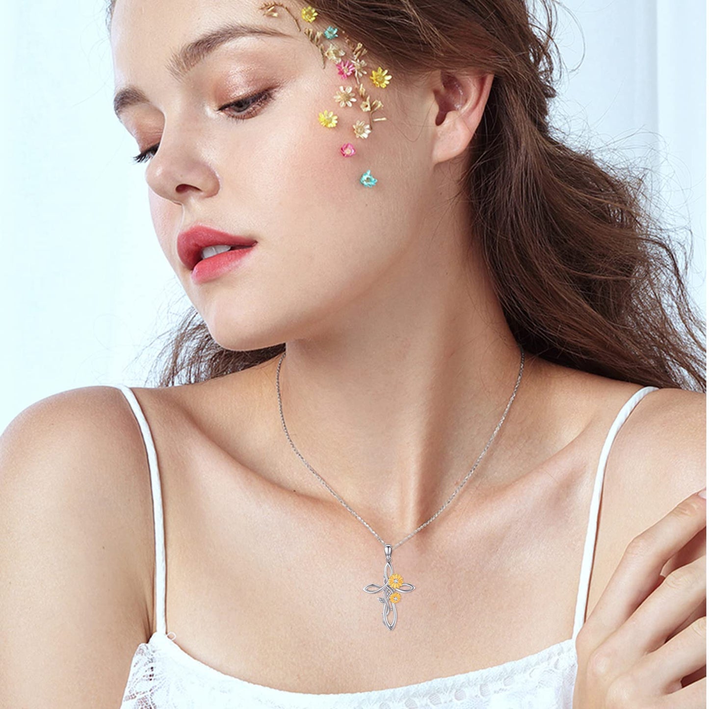 Silikepa Sunflower Necklace for Women 925 Sterling Silver Sunflower Cross Pendant Necklace You Are My Sunshine Pendant Jewelry Gift for Women