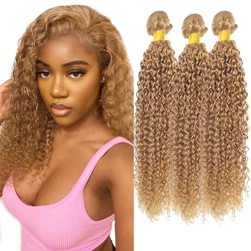 Fabimiya 26 28 30 Inch Human Hair Bundles Honey Blonde 27# Jerry Curly Bundles Human Hair 100% Unprocessed Soft Sewn In Hair with Double Weft for Black Women