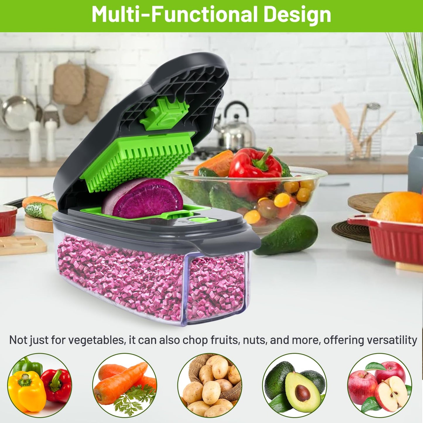 AISHUJIE Veggie Chopper 13 in1 Onion Chopper ·Vegetable Chopper with Container · Salad Chopper · Potato cutter – Gift for Home Cooks & Home Essentials (Grey & Green)