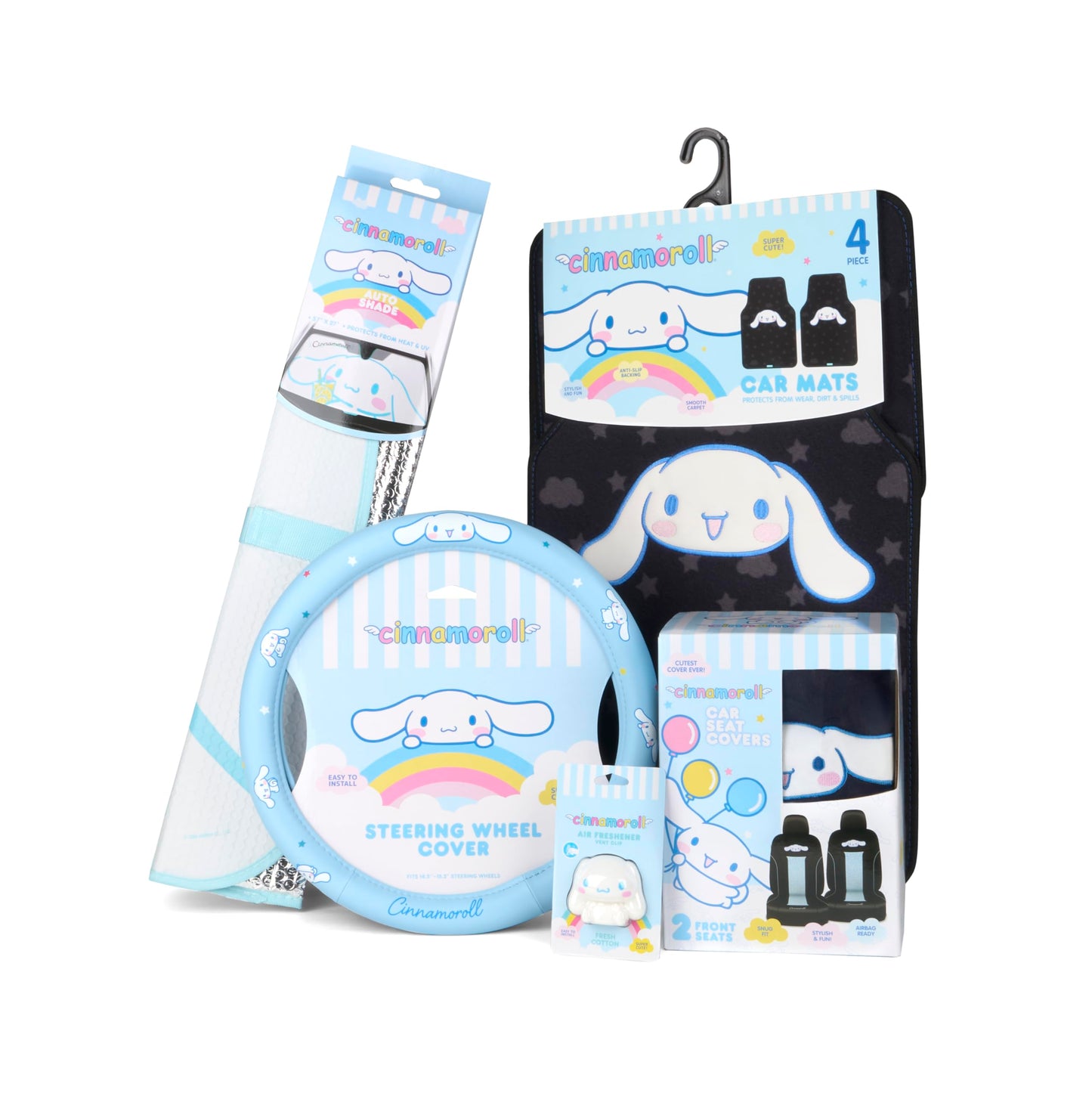 Carbella Cinnamoroll Car Seat Covers, Car Floor Mats, Steering Wheel Cover, Windshield Sun Shade for Car Gift Pack Car Air Freshener Black and Blue Hello Kitty Car Accessories for Women 9pc Combo