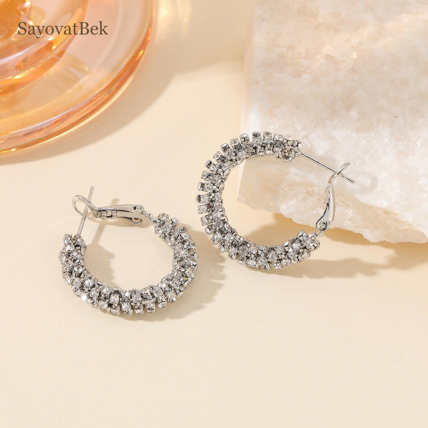 SayovatBek 14K Gold Plated 25–35mm Lightweight Hoop Earrings for Women, Cubic Zirconia, 925 Sterling Silver Post, Hypoallergenic Jewelry