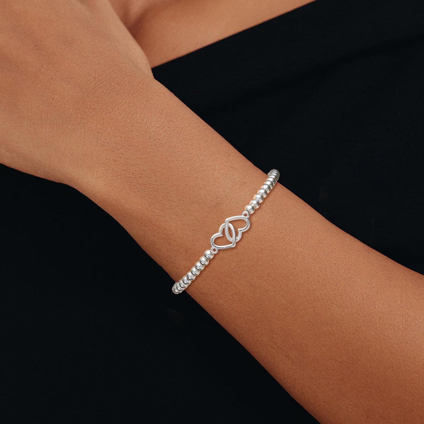 Beaded Bracelets for Women 14K Silver Gold Plated Stretch Handmade Ball Bracelets Cute Charm Bracelet Dainty Stackable Cross Heart Bow Wave CZ Circle Trendy Jewelry Easter Gifts (double-heart-silver)
