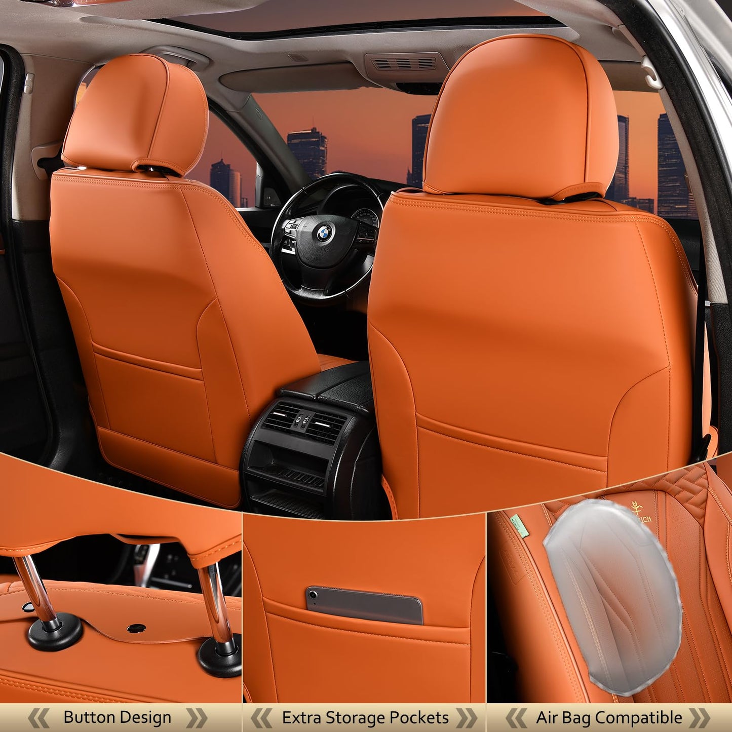 FLORICH Car Seat Covers Full Set, Leather Seat Covers for Cars, Orange Seat Cover, Waterproof Car Seat Cushion Universal Car Seat Protector Front Seats and Back Fit for Most Cars Trucks SUVs