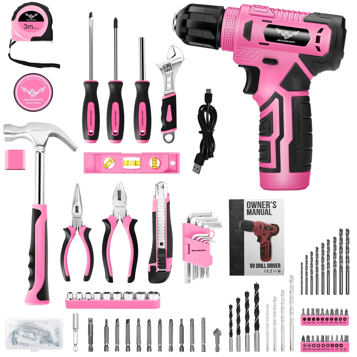 JENABOM Tool Set - 8V Cordless Drill Set, 127 Piece Home Tool Set With Hand Drill, Tool Kit for Women & Men, Perfect for Homeowner, Diyer, Handyman, Pink