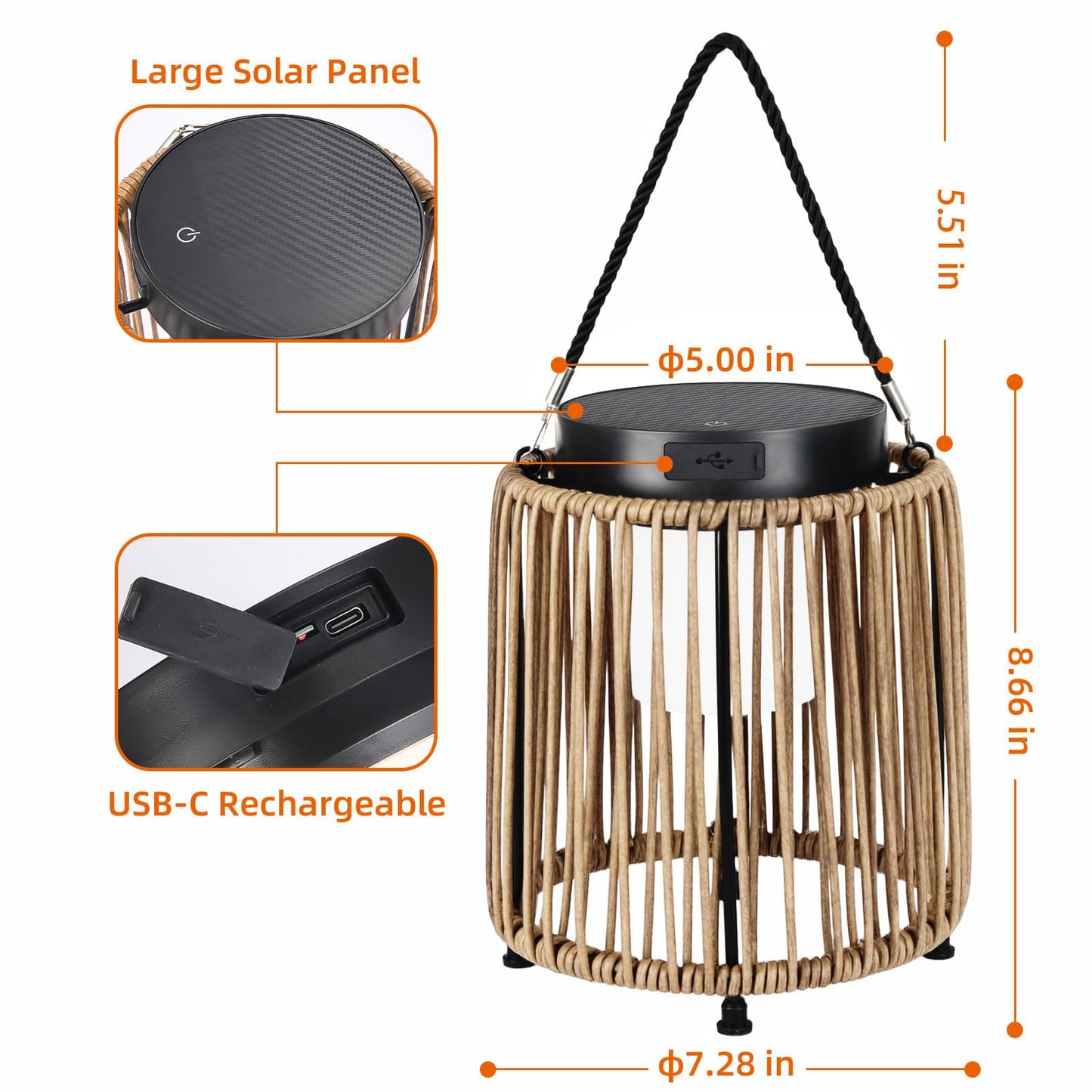 BRIMMEL Solar Lanterns Outdoor Waterproof IP54, Handwoven Wicker Outdoor Table Lamps Portable Rechargeable with 30H+ Runtime, Dual USB-C/Solar Charging Hanging Lantern, 3 Brightness Levels