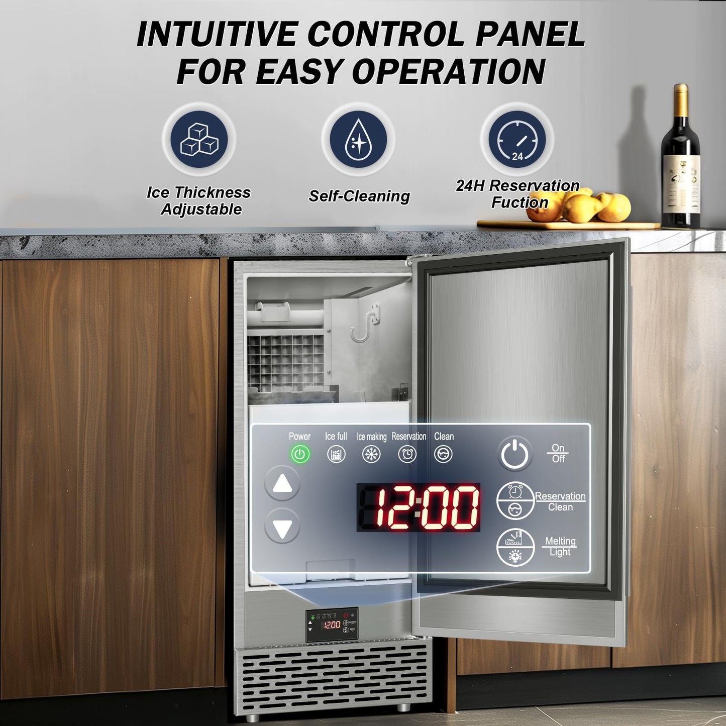 SOZT® Under Counter Ice Maker, 120LBS/24H Ice Machine, Self-Cleaning & 24H Timer, Commercial Ice Maker with 30LBS Storage - Reversible Door, Built-in/Freestanding Design for Home Bar Cafe Restaurant