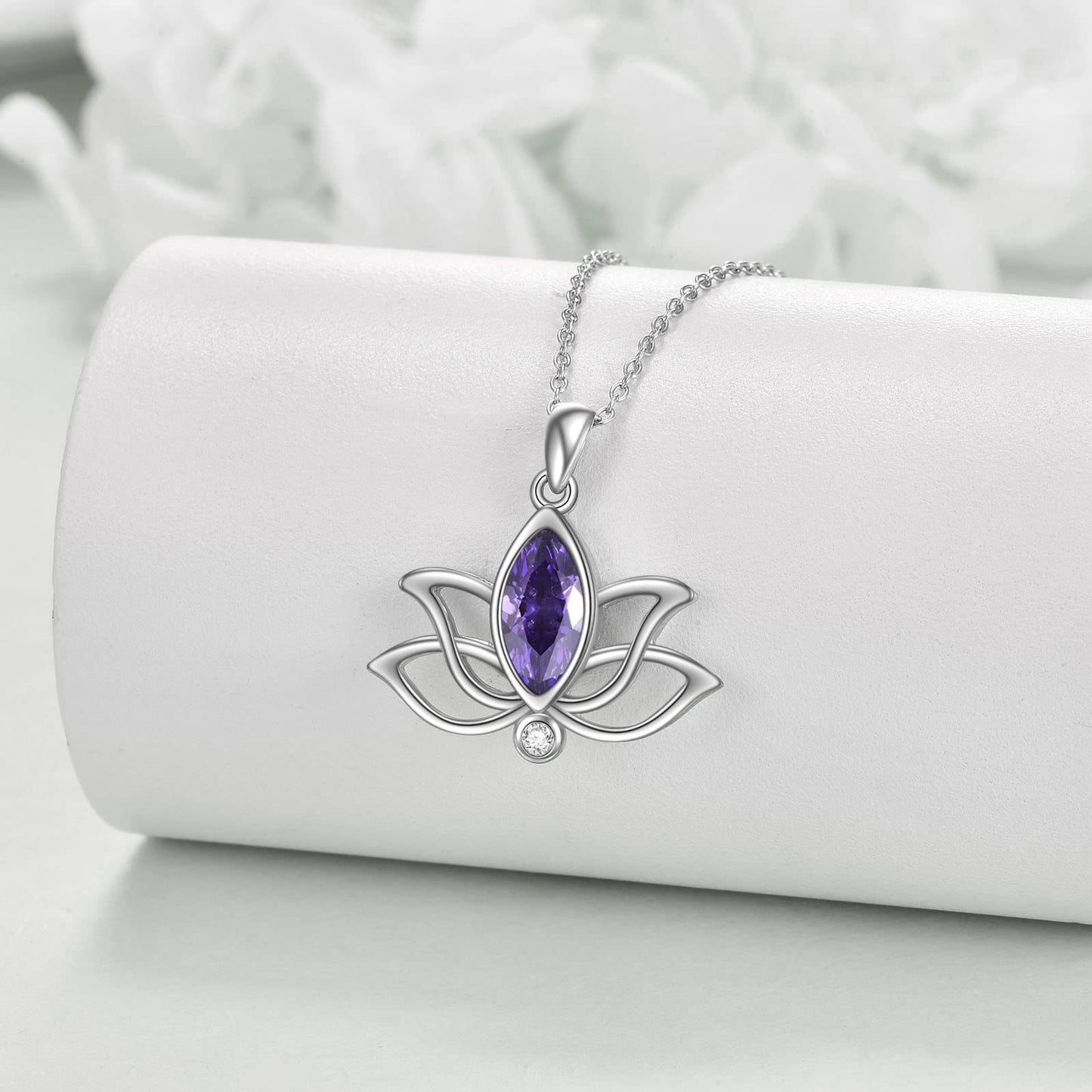YFN Lotus Necklace Sterling Silver February Birthstone Pendant Pruple Amethyst Jewelry Gifts for Women (Feb)