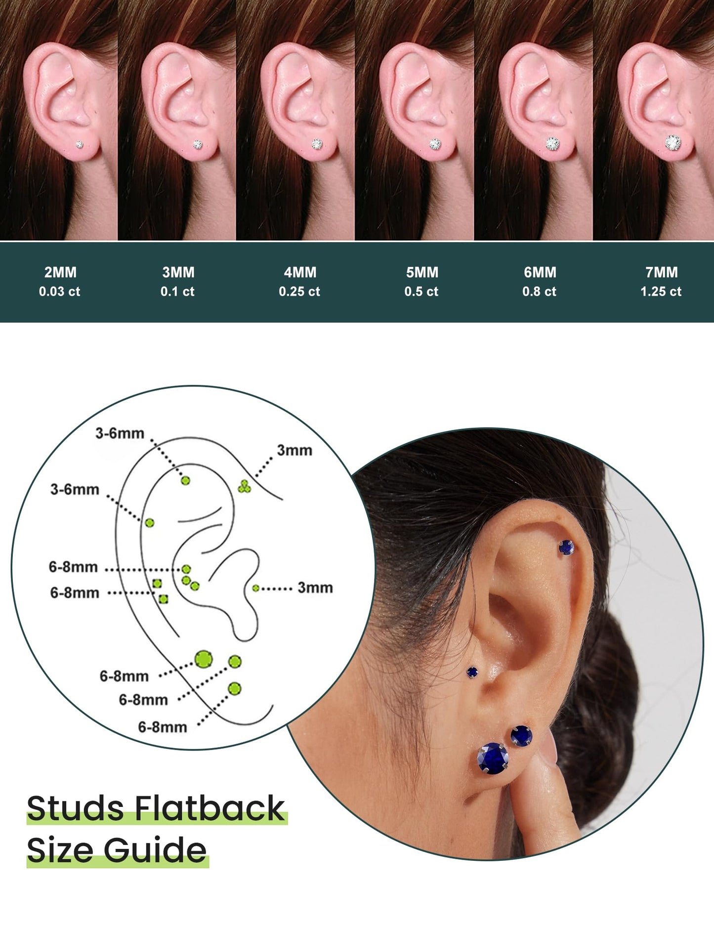 6 Pairs Stud Earrings Set Hypoallergenic Cubic Zirconia 316L Earrings Stainless Steel Earrings for Women (Blue)