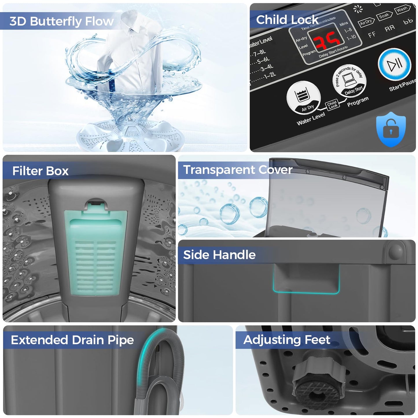Nictemaw Portable Washing Machine 20Lbs Portable Washer with Drain Pump, 2.8 Cu.ft Compact Washer Machine with 10 Programs 8 Water Levels Compact Laundry Machine for Apartment, Home, Dorms, Rv