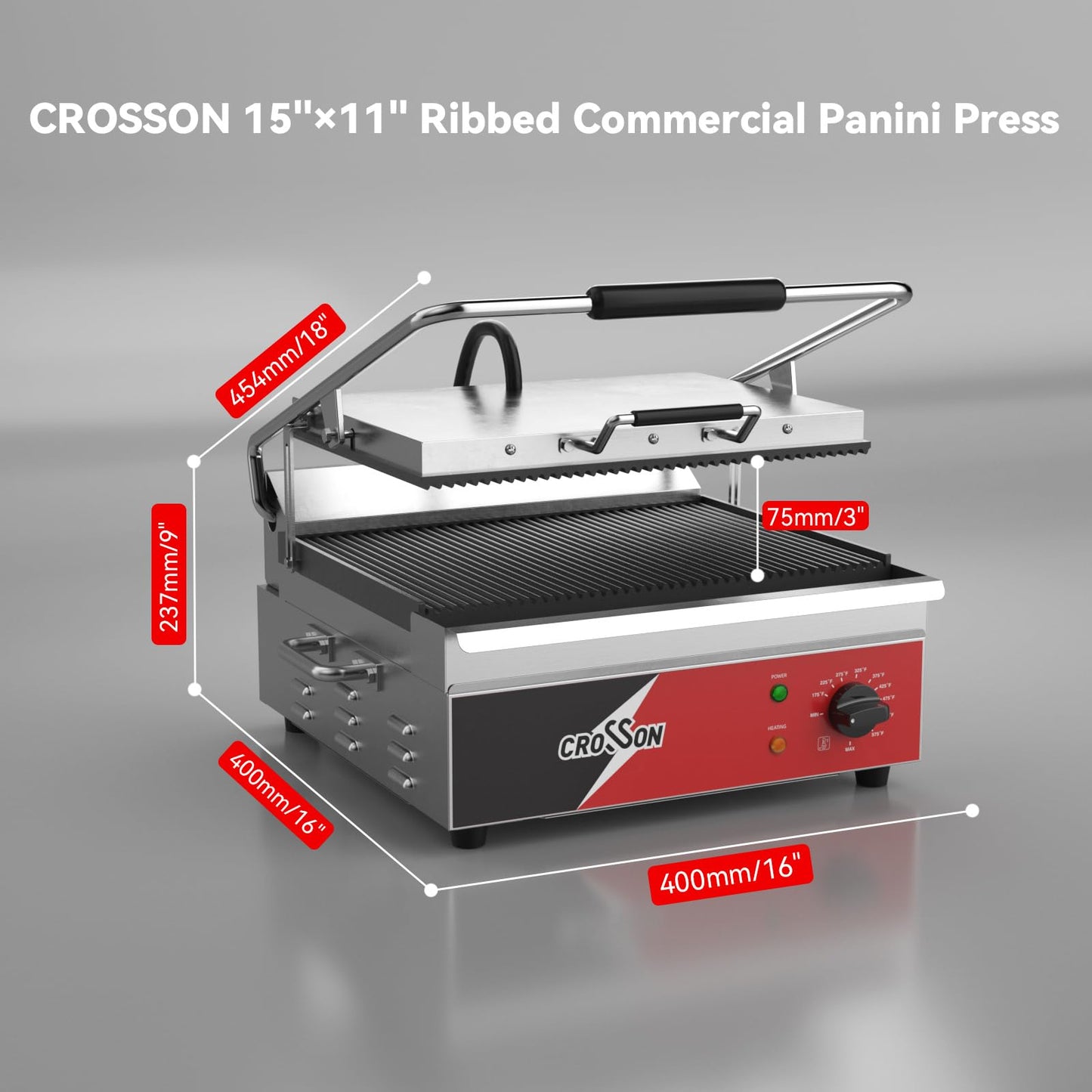 CROSSON 15"×11" Ribbed ETL Listed Commercial Electric Panini Grill,Hinged Auto Leveling Top Plate Panini Press Sandwitch Maker