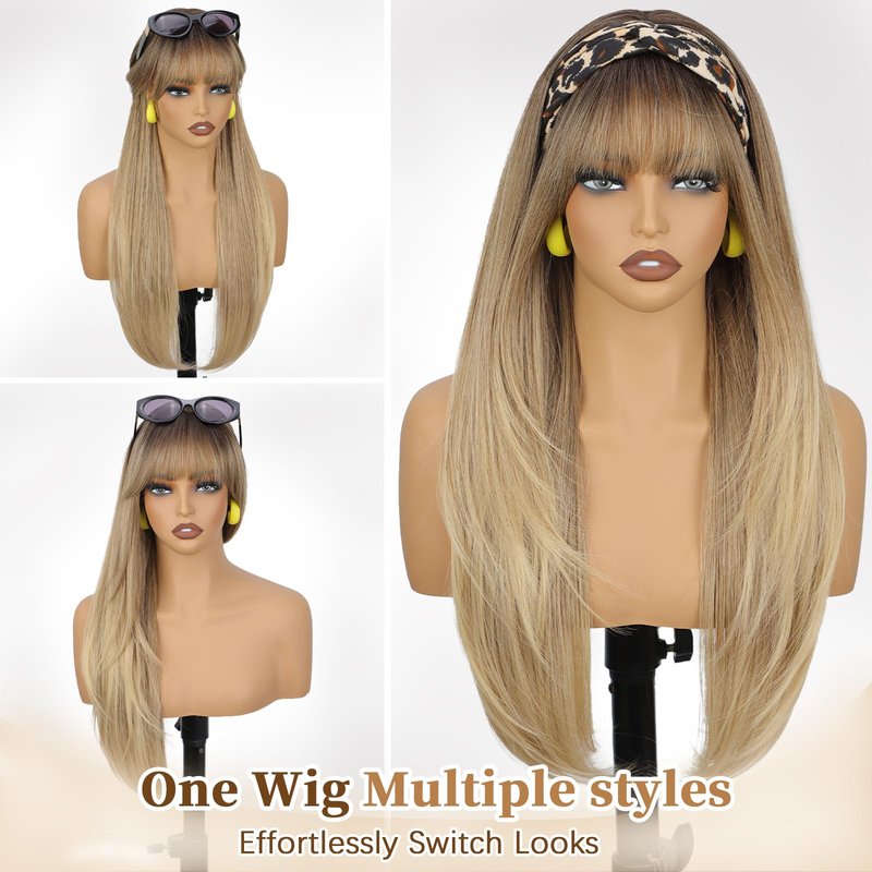 XIXIBI Blonde Wig with Bangs, Long Ombre Blonde Layered Wigs for Women, 4x4 Realistic Scalp with Free Parting, Realistic Heat Resistant Synthetic Wigs for Daily Party Cosplay Use 26Inch
