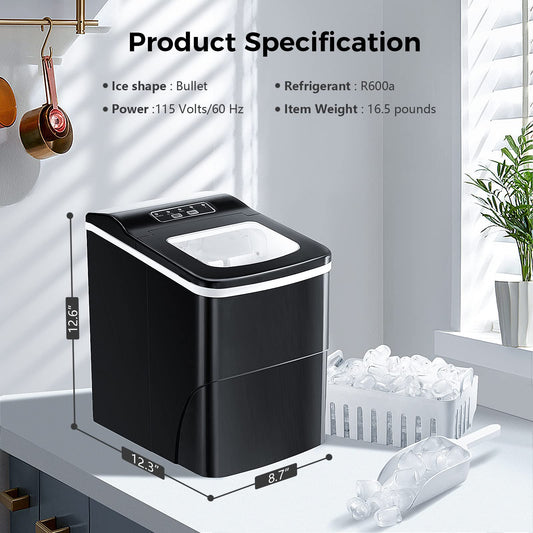 AGLUCKY Ice Makers Countertop with Self-Cleaning, 26lbs/24hrs, 9 Cubes Ready in 6 Mins, Portable Ice Machine with 2 Sizes Bullet Ice/Ice Scoop/Basket for Home/Kitchen/Office/Bar/Party, Black