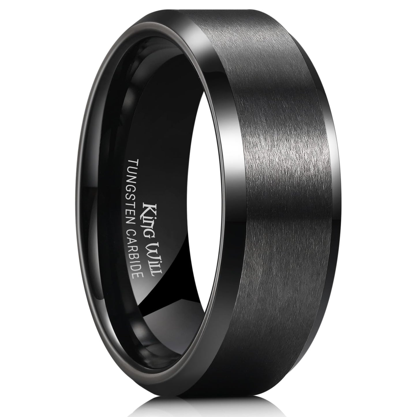 King Will 8mm Men's Black Wedding Ring - Brushed Matte Surface, Beveled Polished Edge, Comfort Fit Size 15