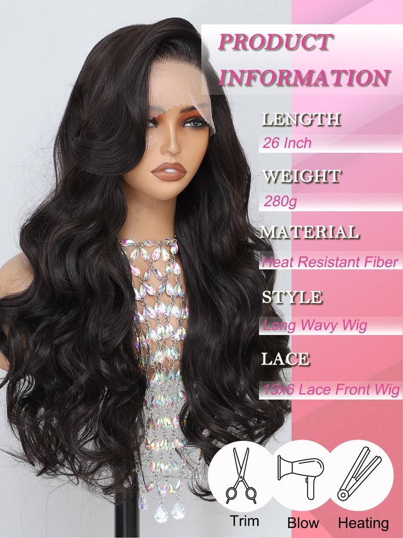 Barbique Synthetic Lace Front Wig for Women, Natural Black Synthetic Wig 13x6 Hd Lace Front 26 Inch Long Wavy Heat Resistant Fiber Deep Parting with Baby Hair Natural Hairline
