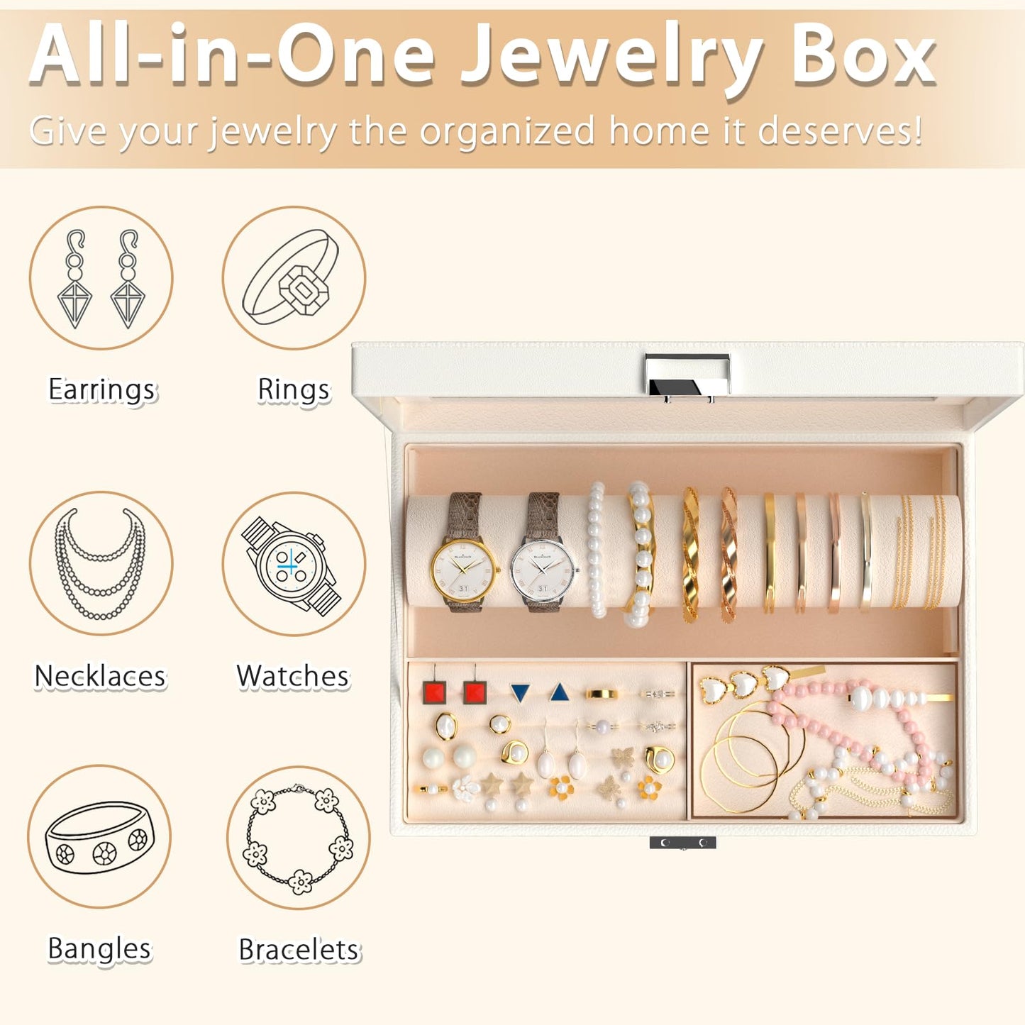 Jolensoy Jewelry Organizer Box with Clear Glass Lid, Bracelet Holder Jewelry Storage Case for Earrings, Rings, Bangles, Watches - PU Leather Jewelry Display Box Gifts for Women Girls, White