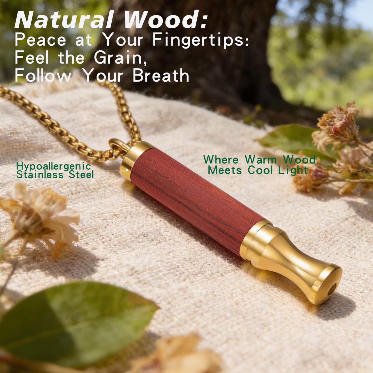 BOLAGTIER Mindful Breathing Necklace: Natural Wood Fidget Charm for Anxiety Relief & Quit Smoking Aid, Stainless Steel Sensory Pendant to Calm Your Mind (Gold)