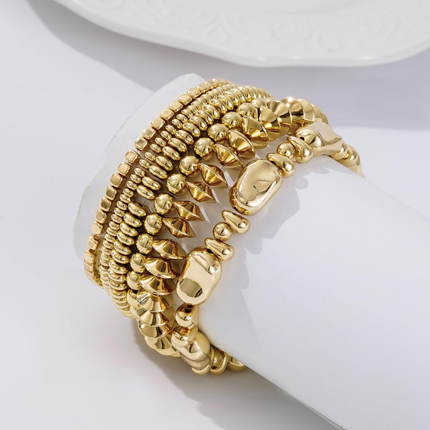 Sajidos Gold Plated Beaded Bracelets for Women Trendy, 14K Gold Plated Stack Cross Pearl Bead Stretch Bracelets Set Elastic Hypoallergenic Bracelets Jewelry Gifts (style8)