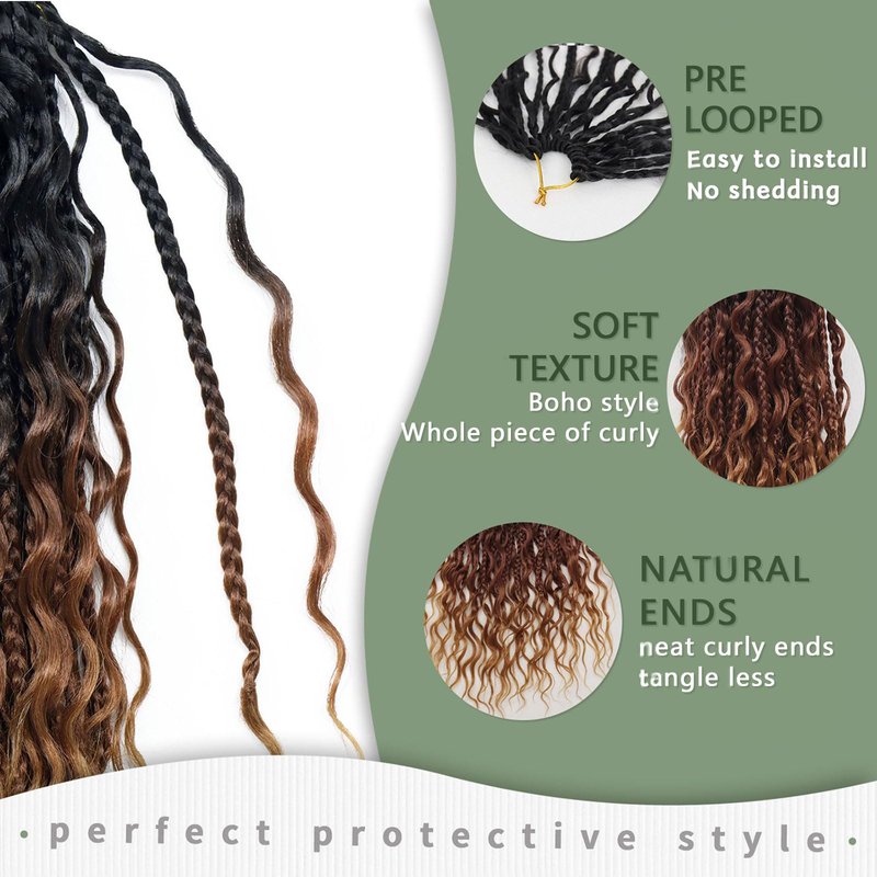 24 Inch Goddess Box Braids Crochet Hair 7 Packs Boho Braids Pre Looped Crochet Braids With Curly Ends Synthetic Bohemian Crochet Braiding Hair for Women, 1B/30/27