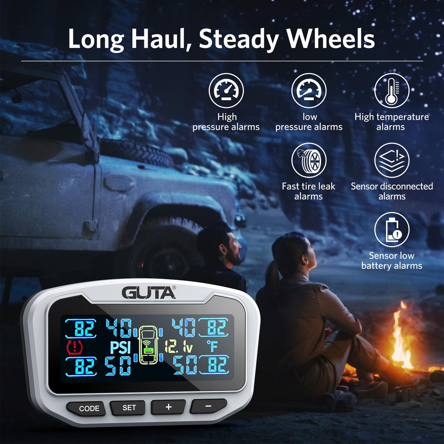 GUTA RV Tire Pressure Monitoring System, Trailer TPMS, 4 Sensors, 6 Alert Modes, Long Range Signal, CLA Charging & 2 USB-A Outputs, Adjustable LCD Display, Ideal for RV Truck Trailer Camper (0-188psi)