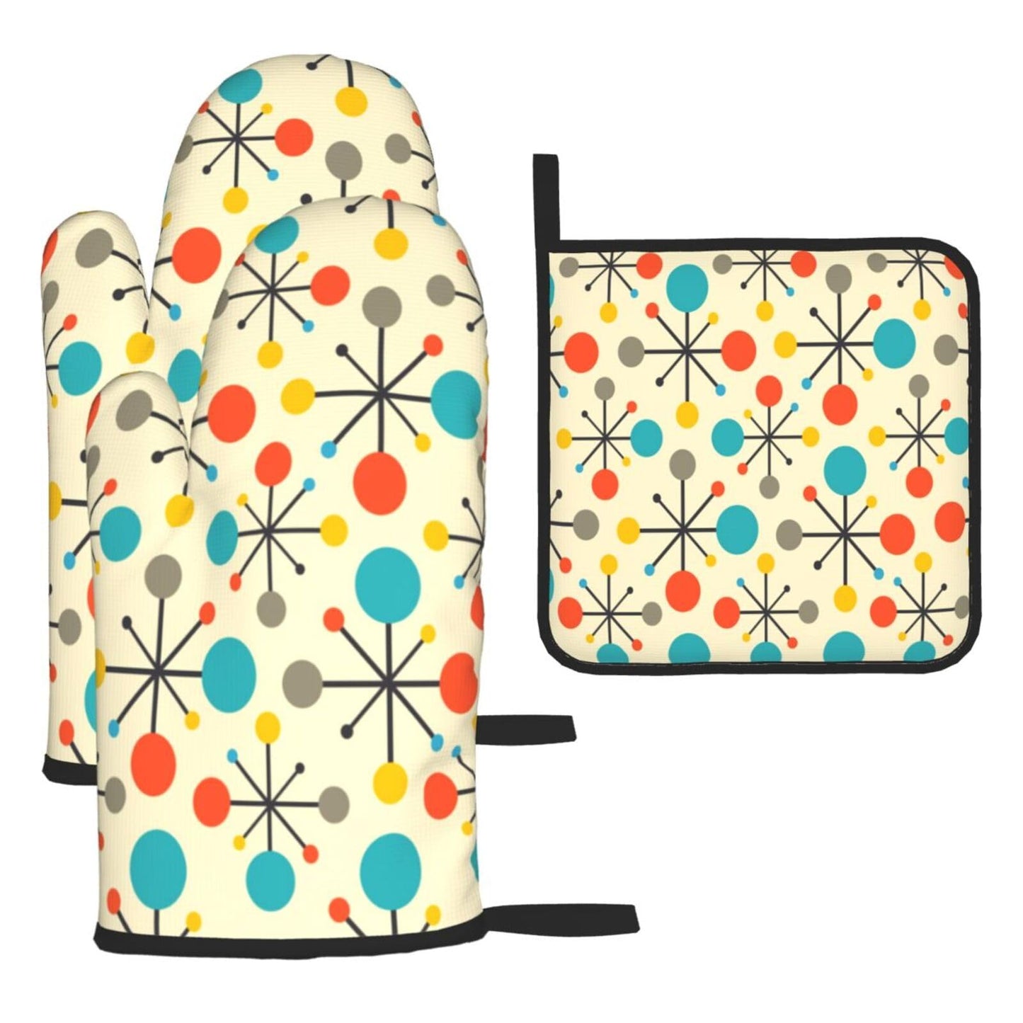 Mid Century Fifties Modern Atomic Retro Oven Mitts and Pot Holders Sets of 3, Yellow Kitchen Decor or Accessories, Heat Resistant Hot Pads Oven Gloves,Cooking Grilling Baking Gifts for Women