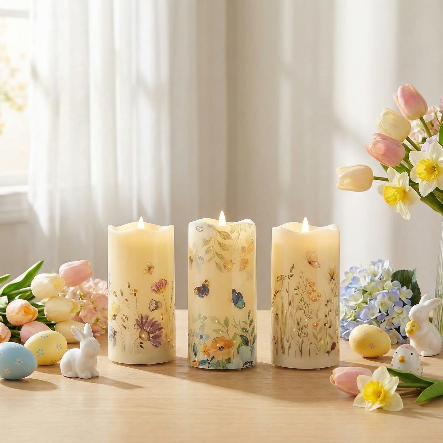 Eywamage Fiber Optic Flameless Pillar Candles with Remote Set of 3, Butterfly Floral Spring LED Candles Battery Operated Gift Φ 3" H 6"""